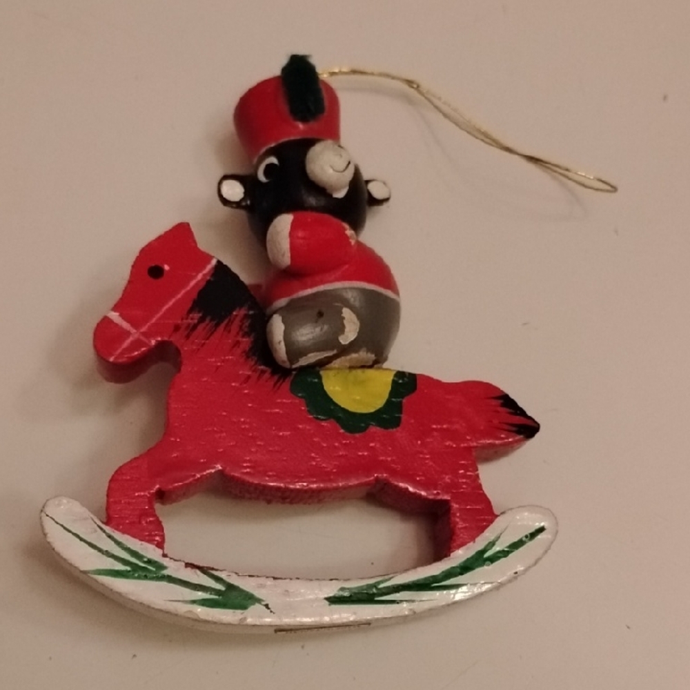 Festive Red Rocking Horse With Black Bear With A Red Hat & Jacket Wood Ornament